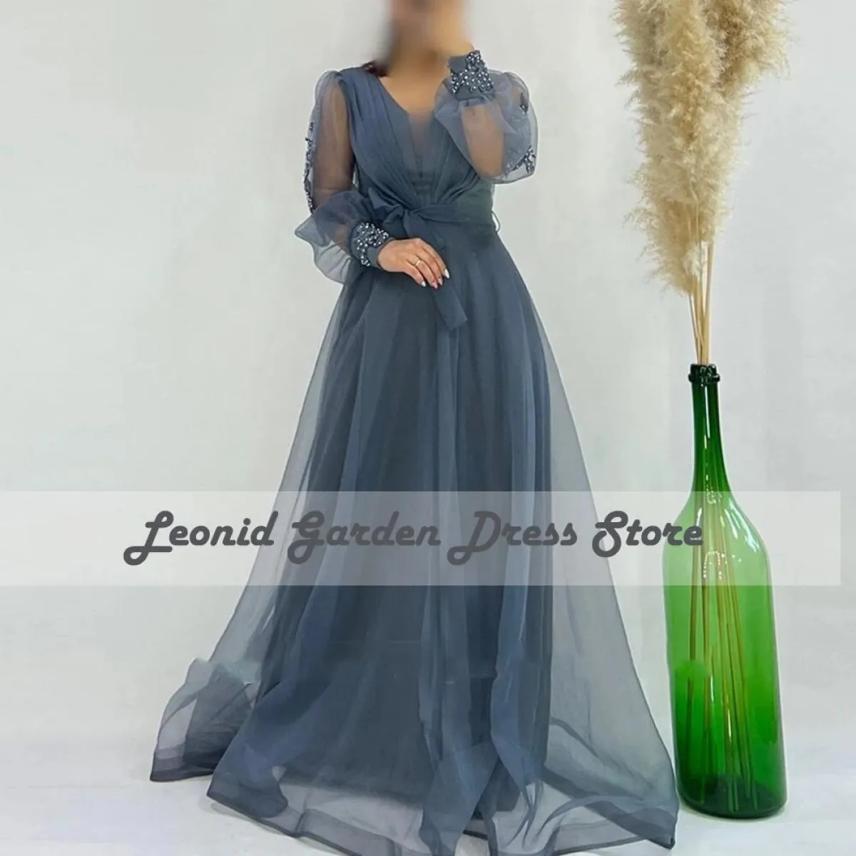 Abiti da ballo verdi Maniche Abito a maniche lunghe con perline verdi Tulle Verde Prom