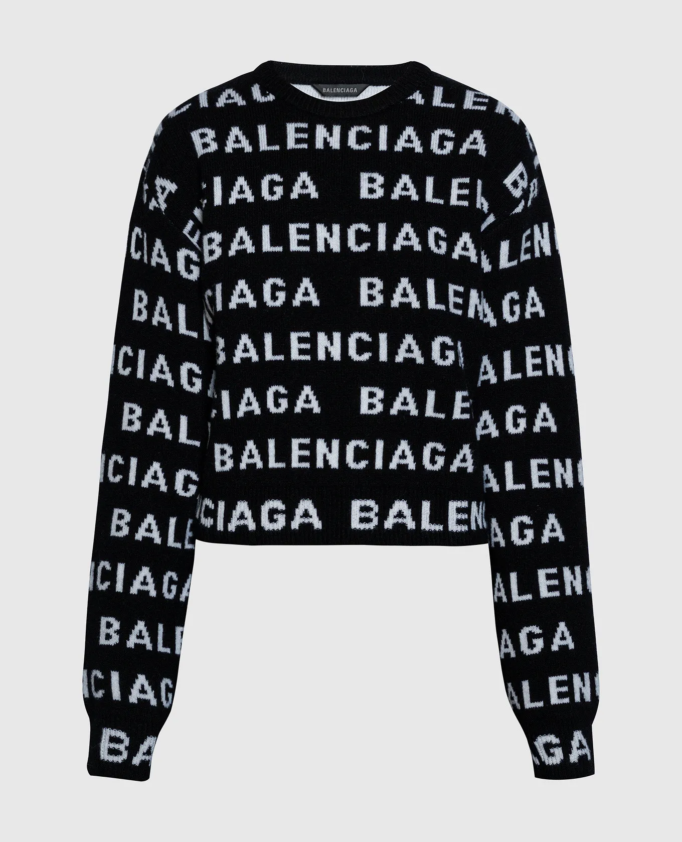 Balenciaga Maglia nera in lana con fantasia logo a contrasto 761591T1673