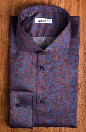 Camicia blu cotone fantasia floreale cachemire elegante made in italy