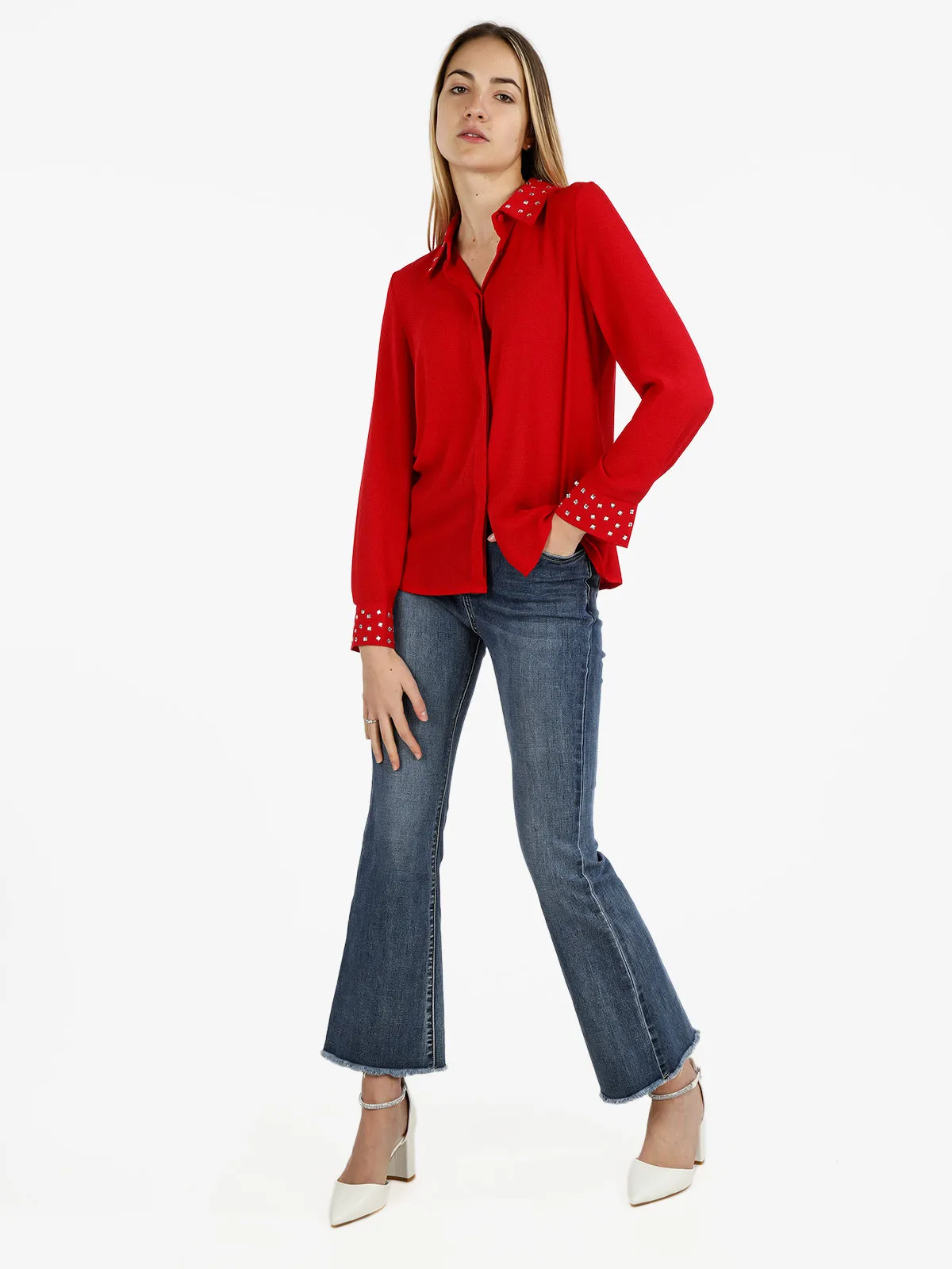 Daystar Chemise femme avec strass au col et aux poignets