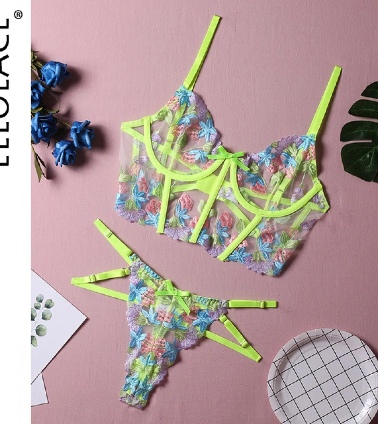 Ellolace Luxury Lingerie Set di ricami floreali Donna 2 pezzi Reggiseno con ferretto Perizoma Intimo esotico Intimo verde neon