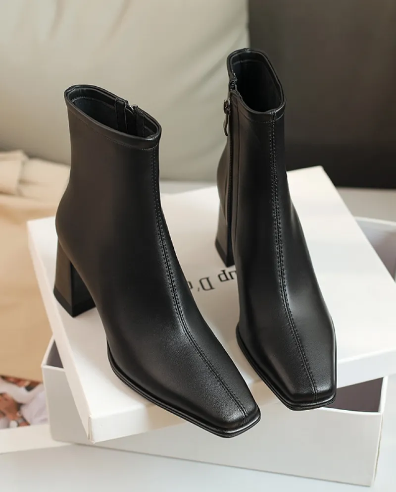French Temperament Short Boots For Women In Autumn And Winter New Thick Heel Nude Boots Square Toe High Heel Slim Boots