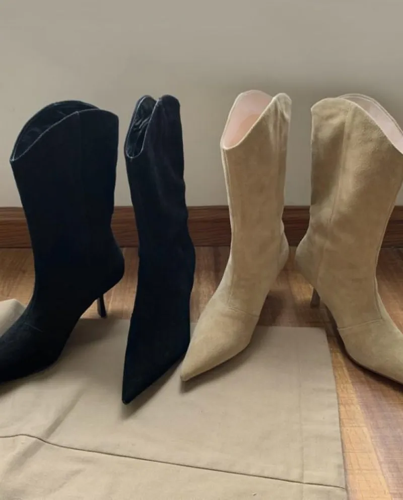 Pointed Toe Mid-calf Boots For Women, Thin Heel, Autumn And Winter V-mouth Mid-heel Boots, Frosted Large-collar Boots