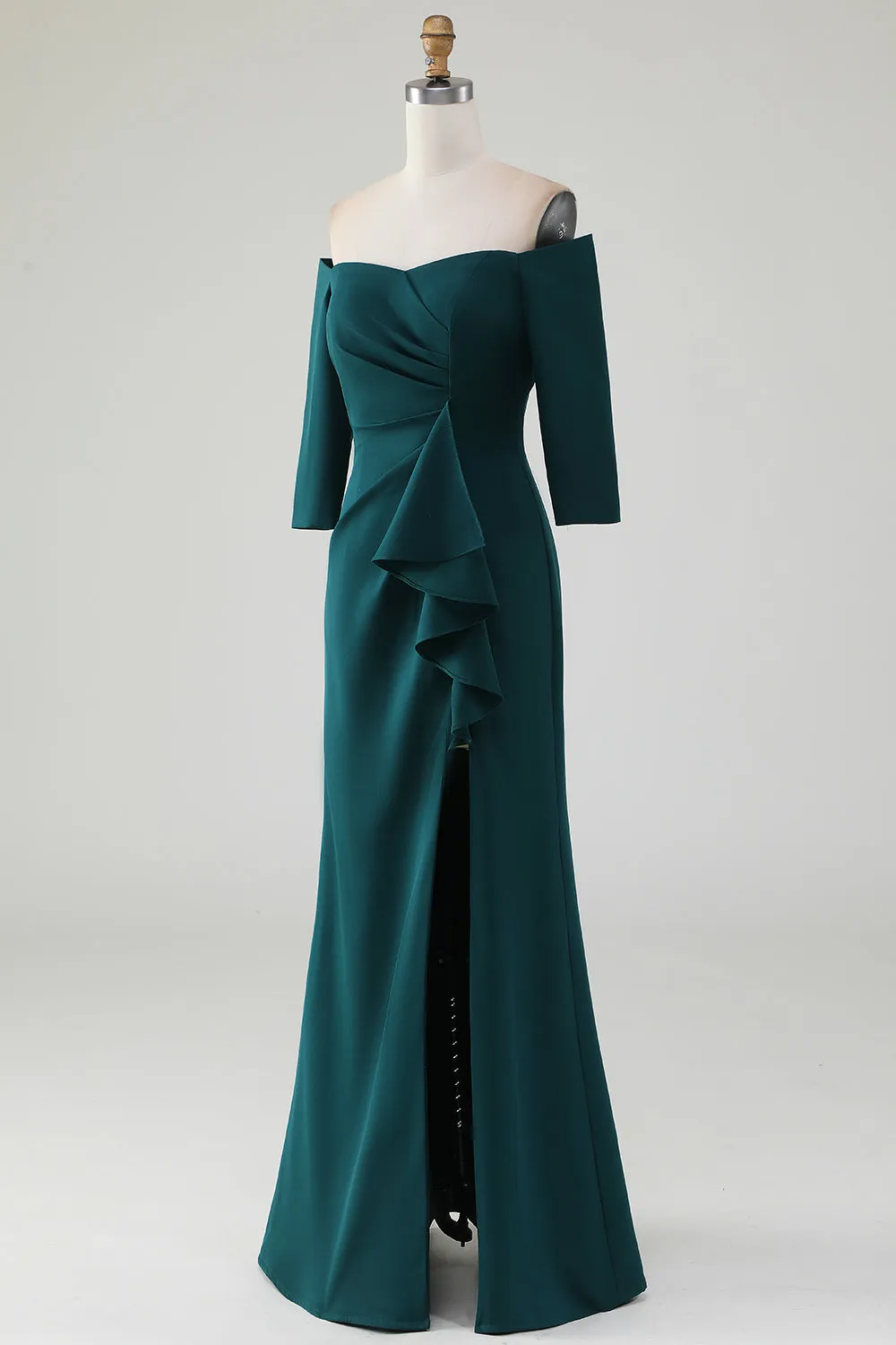 Sirena verde scuro fuori dalla spalla Cascading Ruffle madre del vestito da sposa