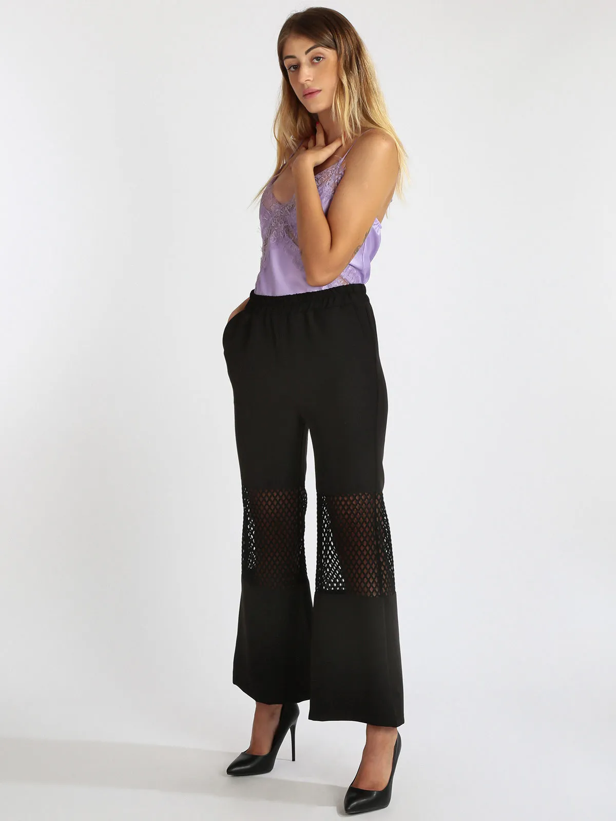 Sun Sun Pantalon évasé pour femme avec détail en résille